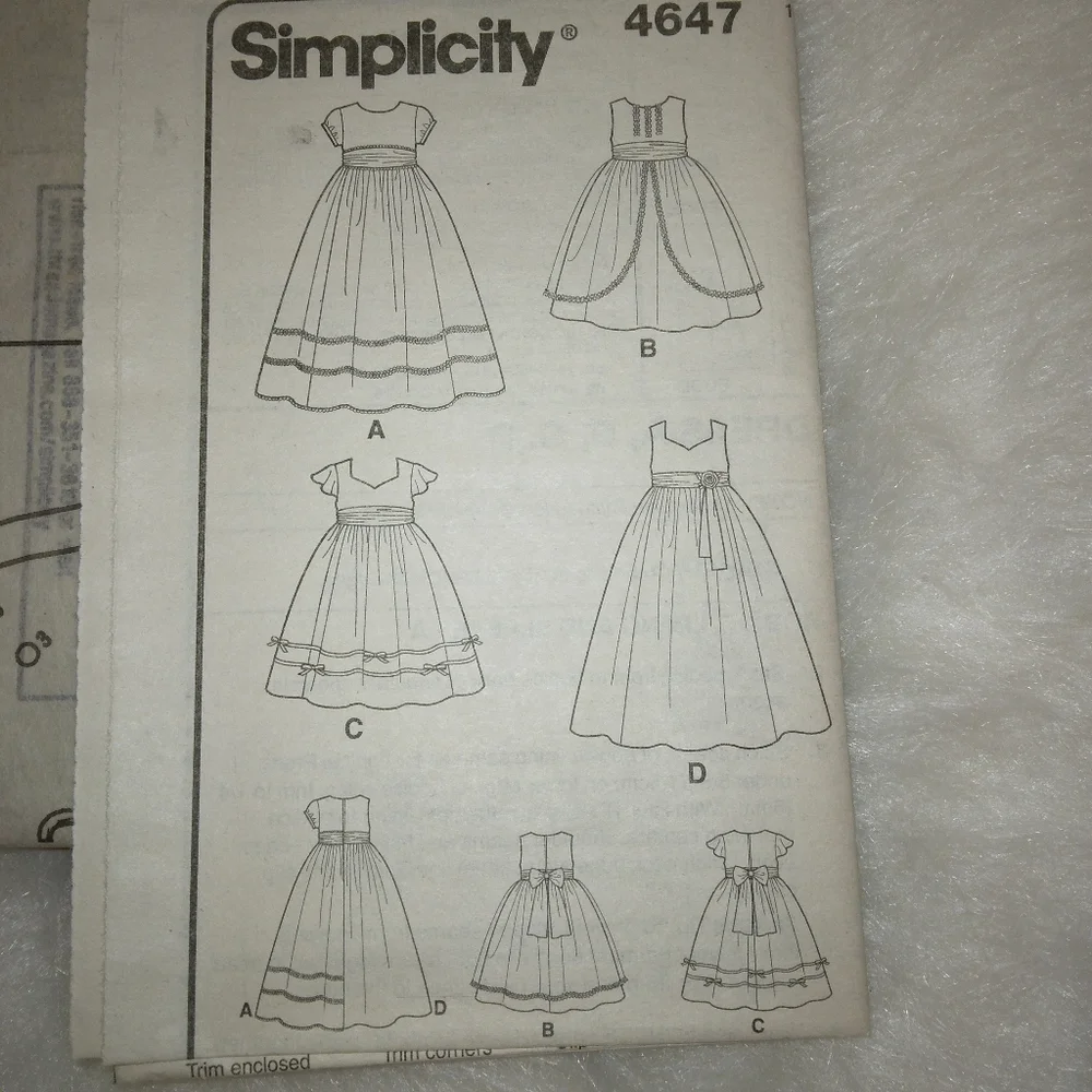 SIMPLICITY 4647 Child's special occasion dress w/ length sleeve trim variations